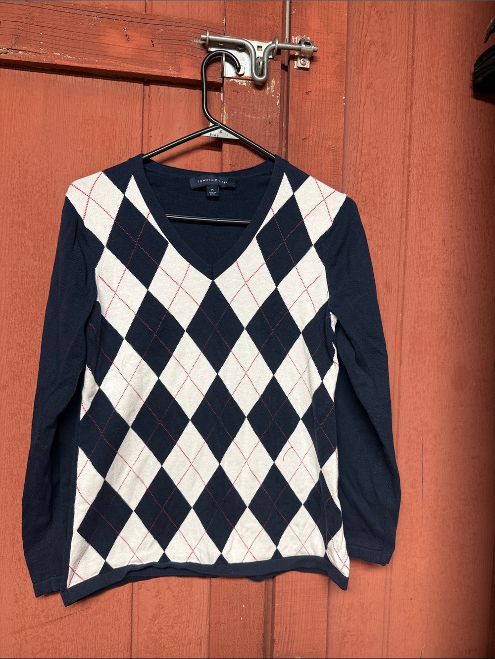 Tommy Hilfiger Navy and White Argyle V-Neck Sweater with Red Accents